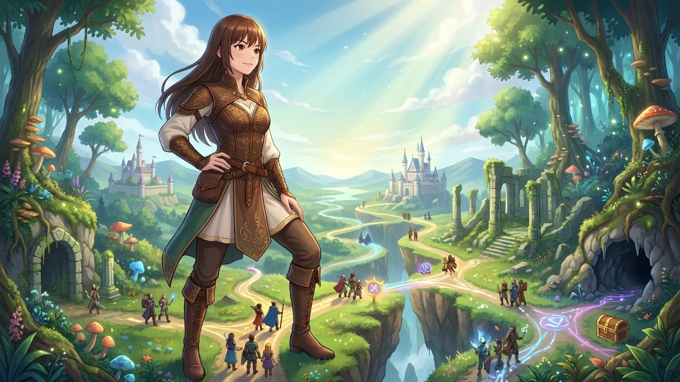 Fantasy giantess watching tiny adventurers choose different paths across a magical world, illustrating branching stories and replayability in a giantess game.