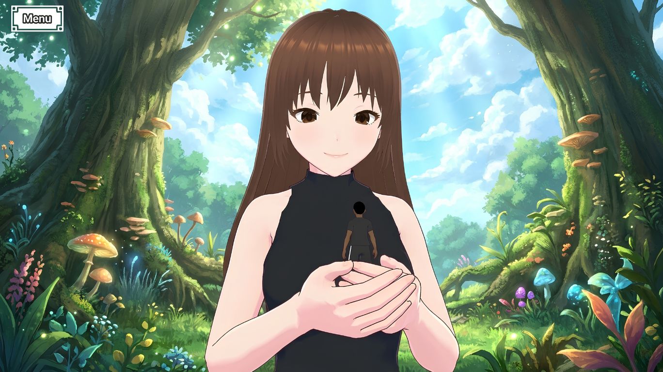 A giant woman holds a tiny person in her hands in a vibrant, magical forest setting with large trees and glowing mushrooms representing giantess game