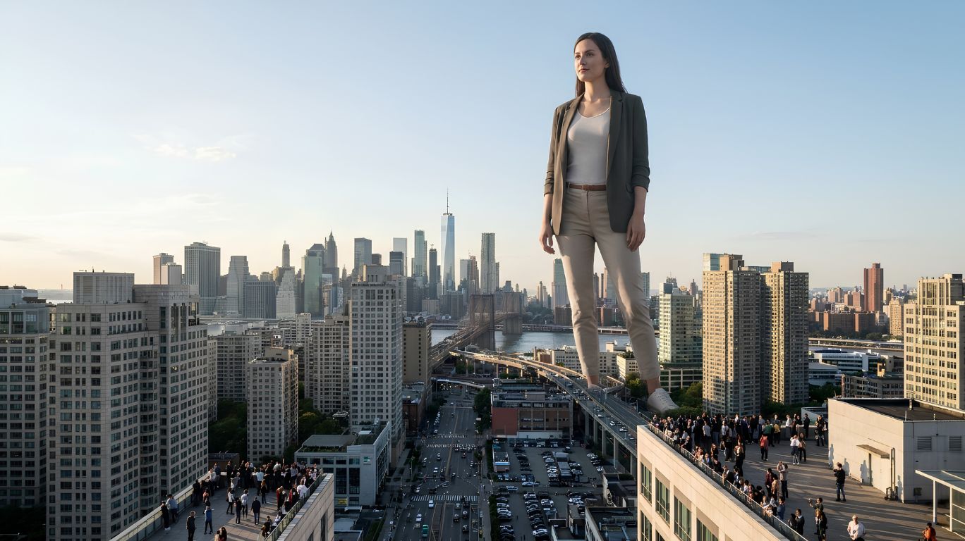 Photorealistic giant woman towering above a city skyline, illustrating the concept of giantess vore pov fantasy and dramatic scale differences for an informational blog article.