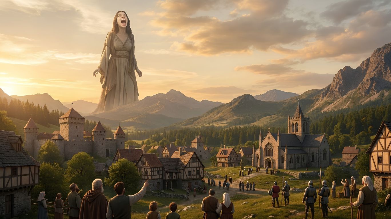 Realistic illustration depicting the mythological origins of giantess legends towering over a medieval village for an article discussing where giantess vore pov fantasies originated.