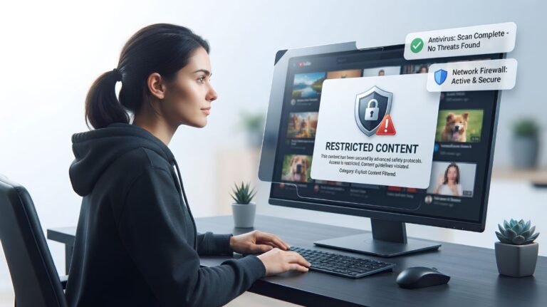A person sits at a desk using a computer with a "Restricted Content" warning on the screen while researching the risks of incest GIFs, alongside notifications reading "Antivirus Scan Complete – No Threats Found" and "Network Firewall Active & Secure."