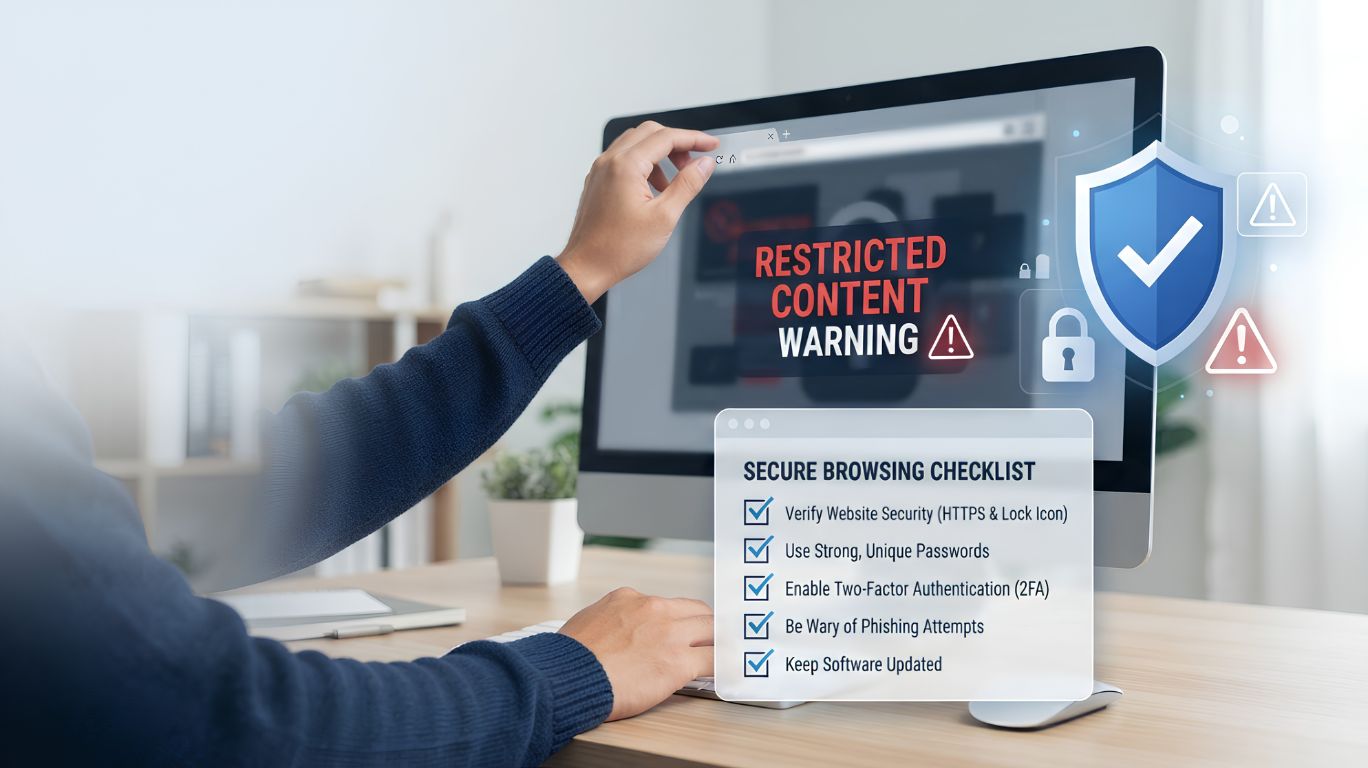 A person using a computer displaying a "Restricted Content Warning," for incest gifs along with a secure browsing checklist and security icons such as a shield and lock, illustrating the risks of encountering prohibited explicit content online.