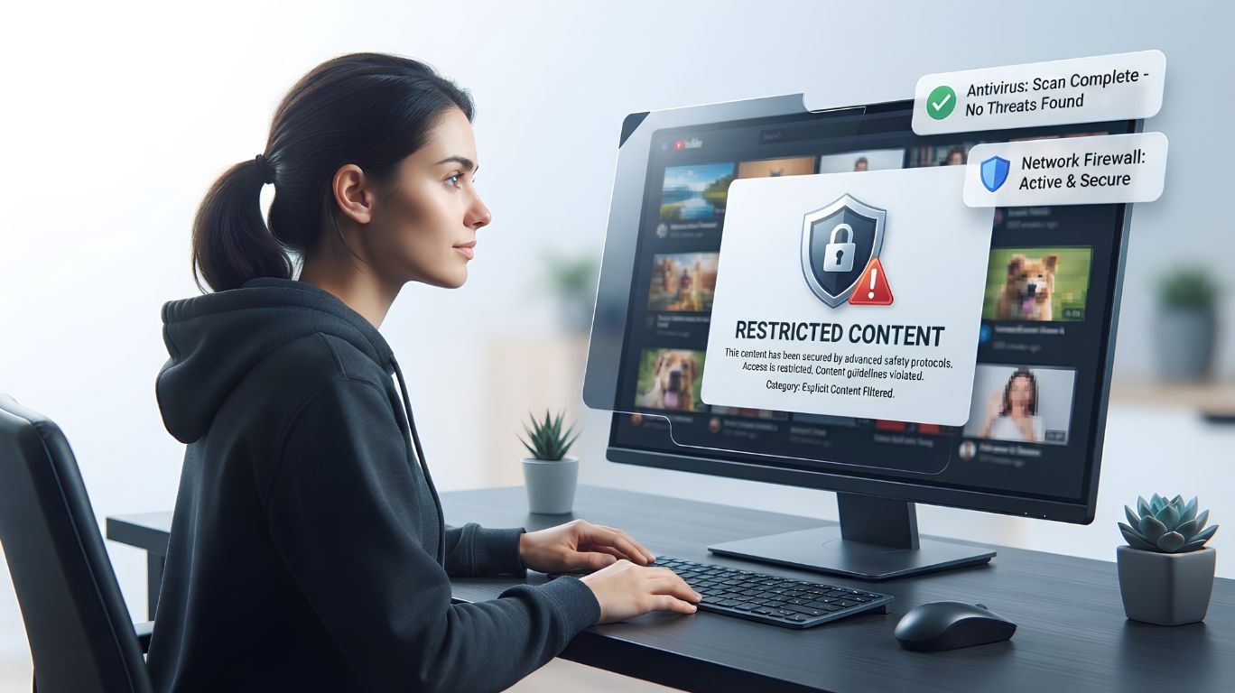 A person sits at a desk using a computer with a "Restricted Content" warning on the screen while researching the risks of incest GIFs, alongside notifications reading "Antivirus Scan Complete – No Threats Found" and "Network Firewall Active & Secure."