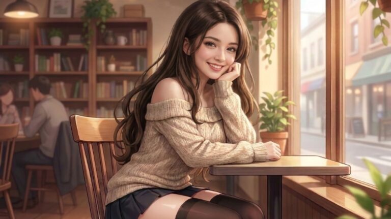 A young woman with long brown hair smiles while sitting at a table in a cozy café, wearing an off-the-shoulder sweater and a skirt while using a laptop displaying a modern nsfw ai chatbots interface with fictional AI character profiles, chat windows, voice conversation controls, and storytelling features. Warm natural lighting, contemporary café interior, realistic photography, shallow depth of field, clean composition, professional technology blog aesthetic, high detail, photorealistic, no nudity or explicit sexual content.