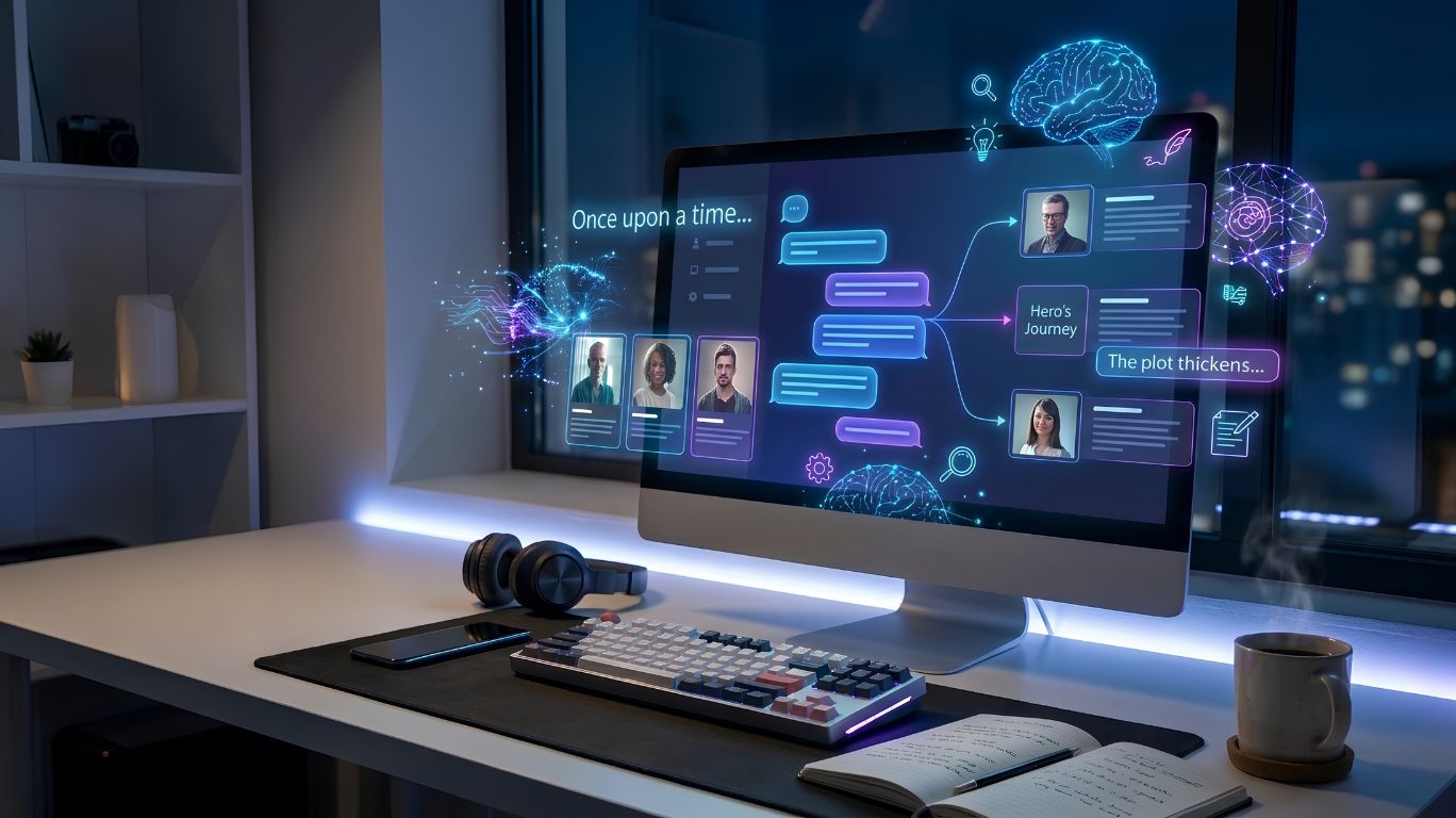 NSFW story generator concept featuring an AI-powered creative writing workspace with a modern storytelling interface, digital narrative elements, and advanced technology representing personalized fictional story generation.