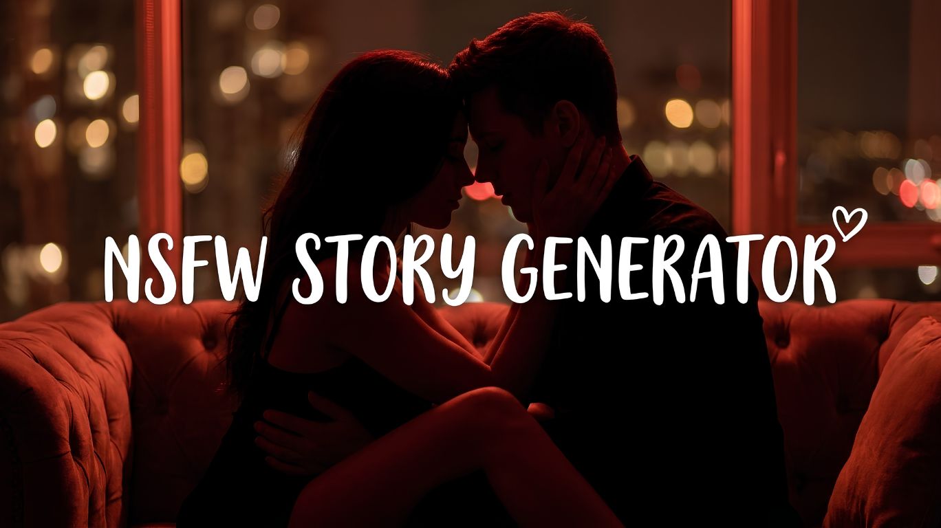 A couple embracing in dim lighting with the text "NSFW STORY GENERATOR" overlaid.