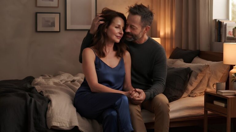 Editorial-style image of an adult couple having an intimate conversation in a bedroom, illustrating the topic "Realistic Porn: What Real Sex Actually Looks Like" from an educational and relationship perspective without explicit content.