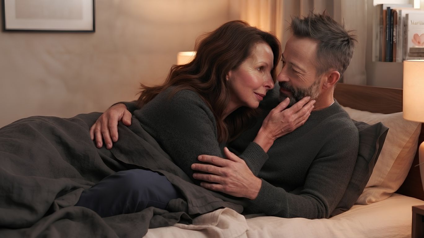 Realistic editorial image of two consenting adults communicating openly about intimacy in a bedroom, illustrating healthy relationships and emotional connection for an educational article about communication during intimacy. The article also discusses realistic porn expectations versus real-life relationships.