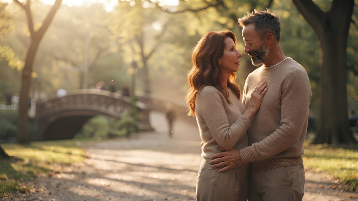 Photorealistic editorial image of a happy adult couple walking together and talking outdoors, symbolizing trust, communication, and authentic relationships for the conclusion of an educational article about realistic porn and real-life intimacy.