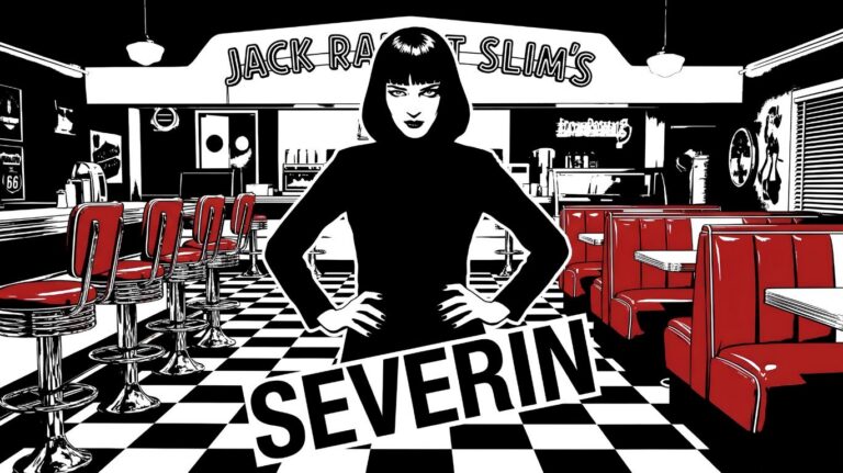 A stylized black and white illustration of a woman in front of Jack Rabbit Slim's diner, with red booths and stools, and the name SEVERIN in large letters.