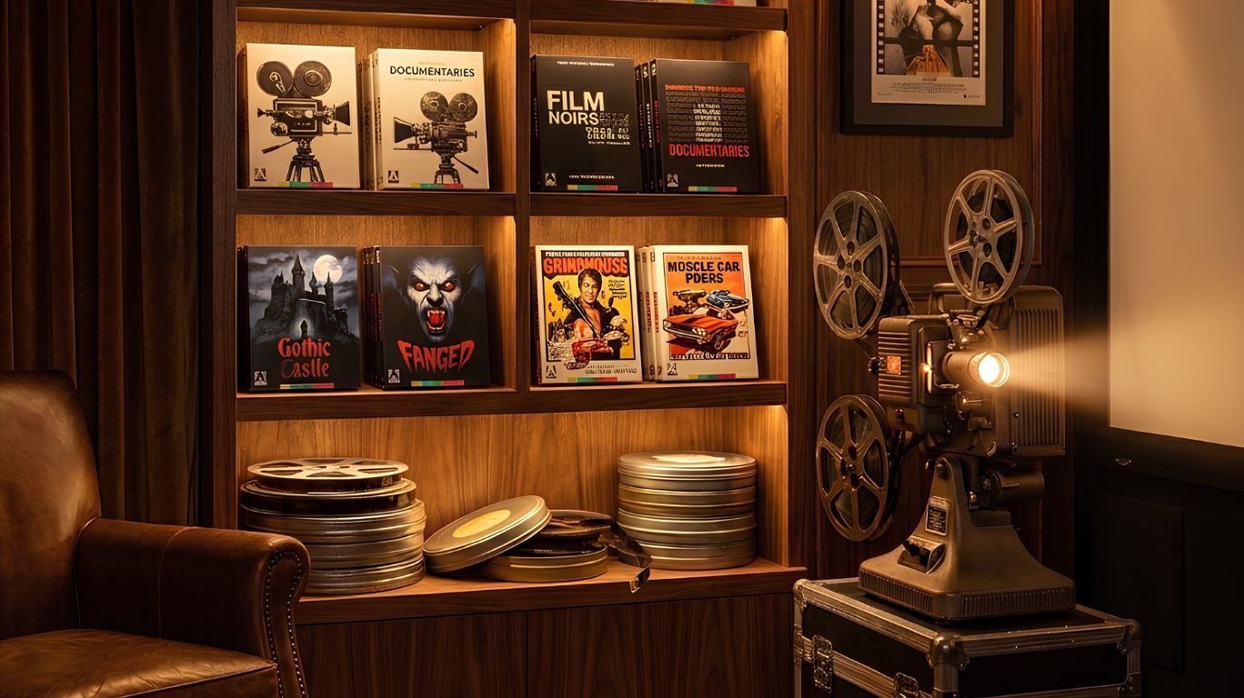 Severin Films collector's edition display featuring restored Blu-ray releases, vintage film reels, and classic cinema memorabilia representing Severin's curated catalog of cult classics, international films, documentaries, and boutique home video releases.