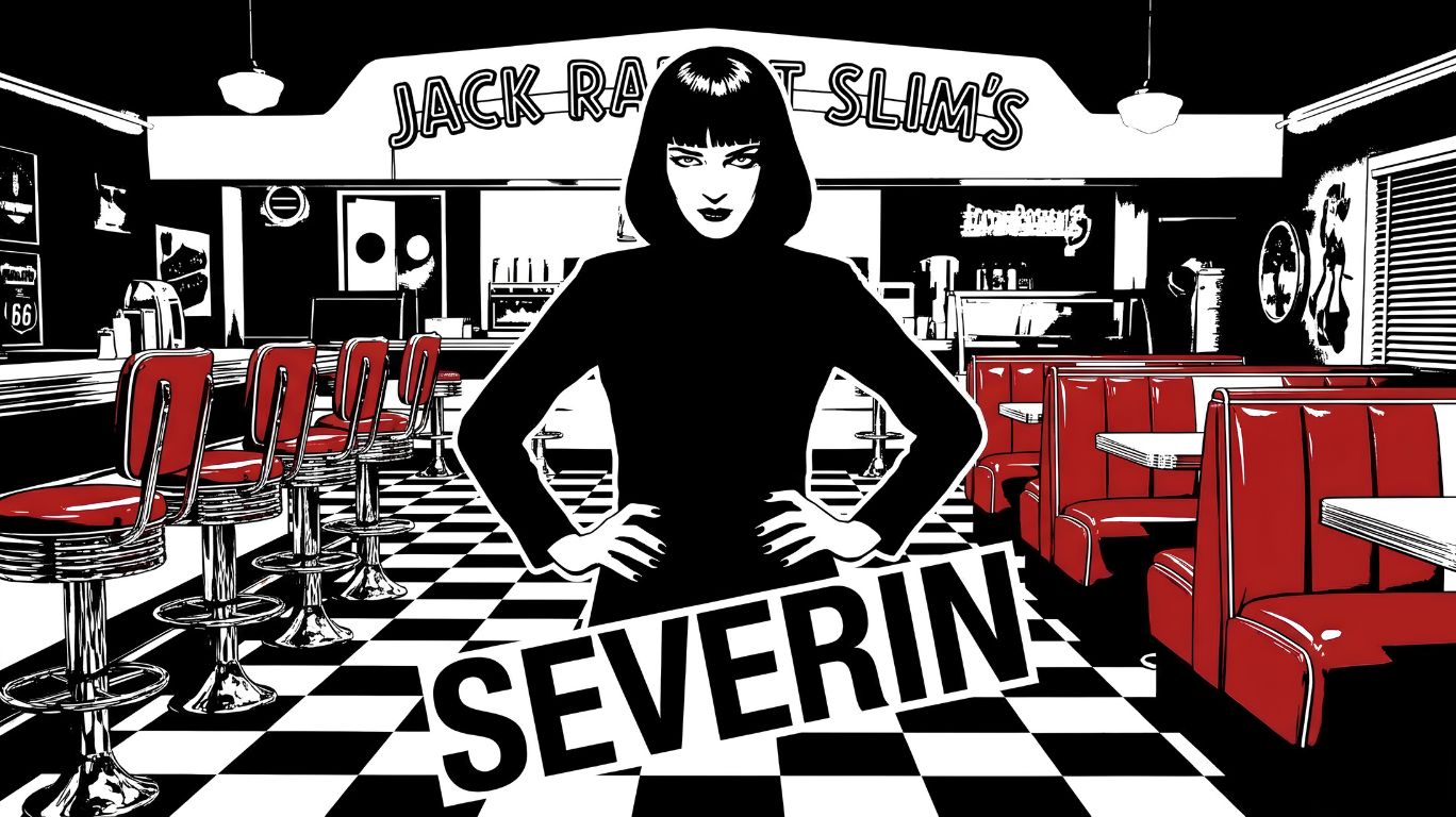 A stylized black and white illustration of a woman in front of Jack Rabbit Slim's diner, with red booths and stools, and the name SEVERIN in large letters.