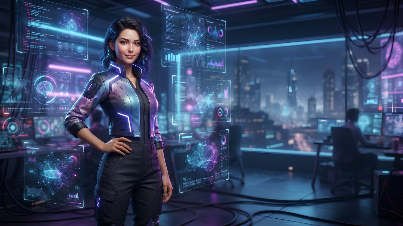 Sexy AI girl in a futuristic digital art studio using artificial intelligence tools to create visual content, representing how AI image generators enhance digital creativity for artists, designers, writers, and content creators.