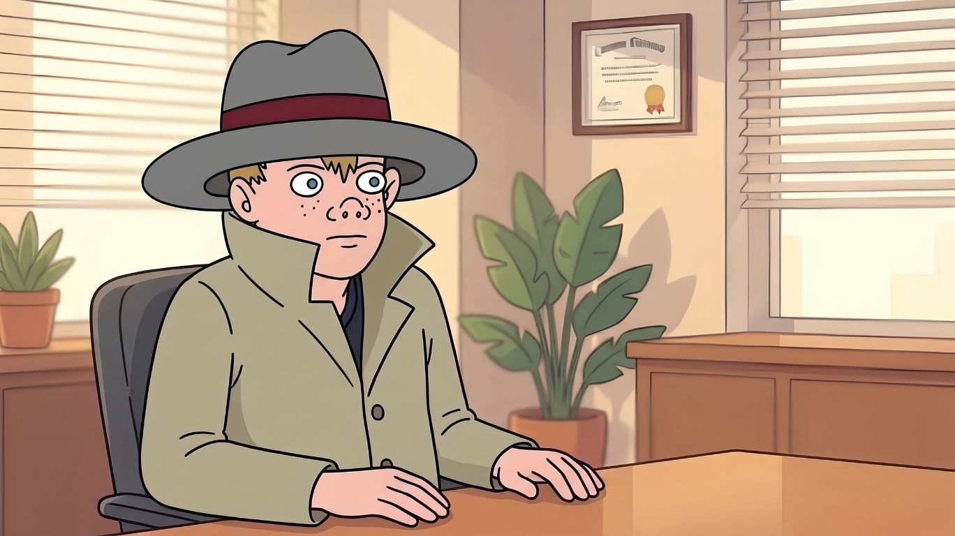 Vincent Adultman wearing a fedora and trench coat sits at a desk in an office with blinds and a potted plant.