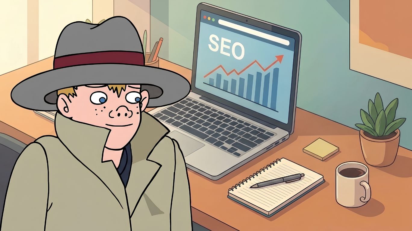 Vincent Adultman wearing a trench coat and hat stands in front of a laptop displaying an SEO graph. On the desk are a notepad, pen, sticky note, and a mug of coffee.