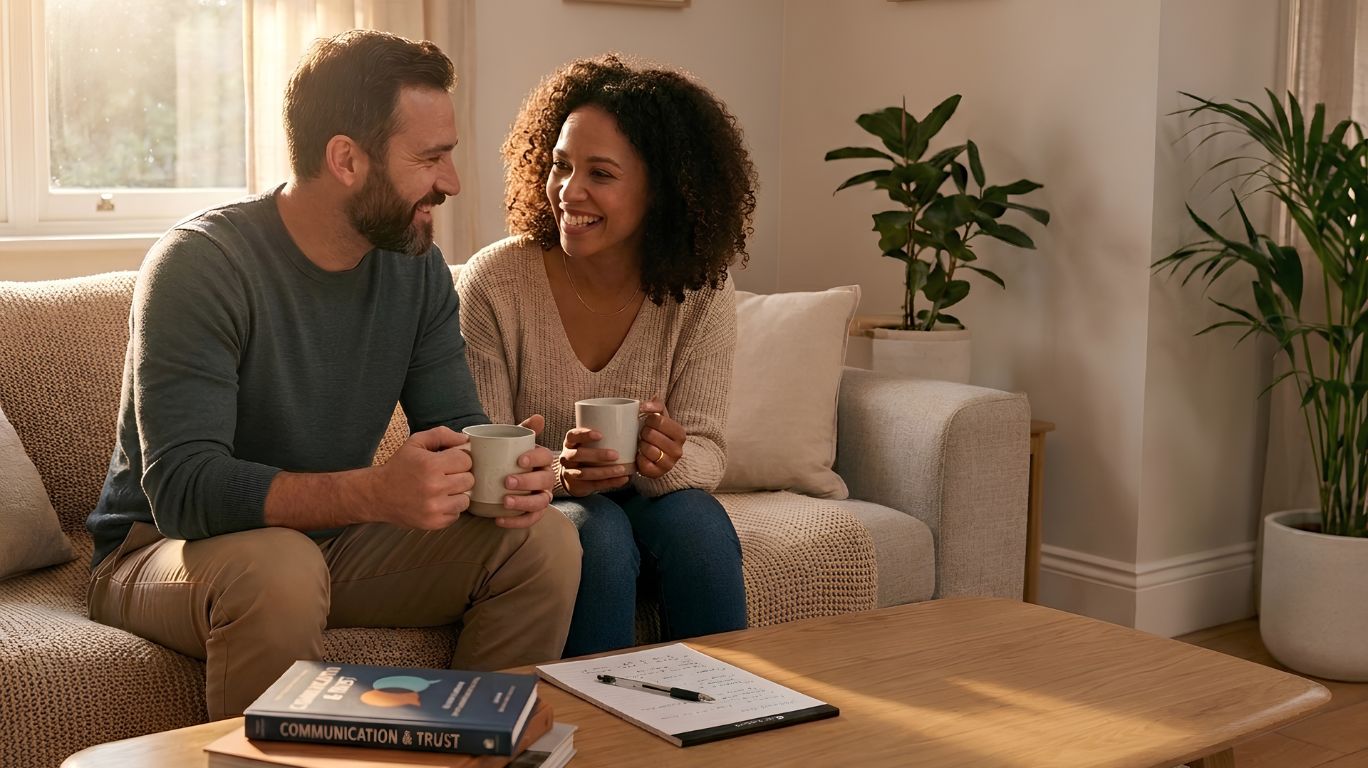 What is kink explained through a realistic image of two adults having an open, respectful conversation about healthy relationships, communication, consent, and intimacy in a comfortable home setting.