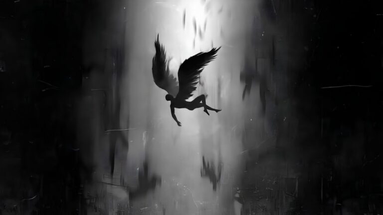 Why was Lucifer cast out of heaven artwork showing a fallen angel descending from heaven into darkness.