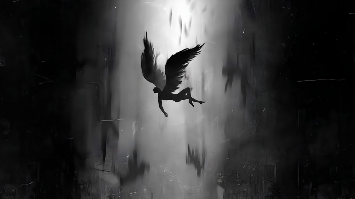 Why was Lucifer cast out of heaven artwork showing a fallen angel descending from heaven into darkness.