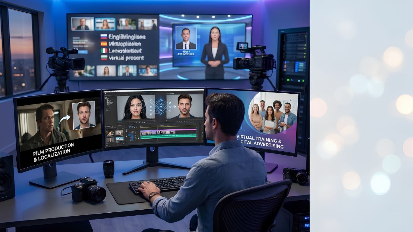 Professional editor using xxx ai face swap technology for video production, content localization, marketing, and creative digital media applications.