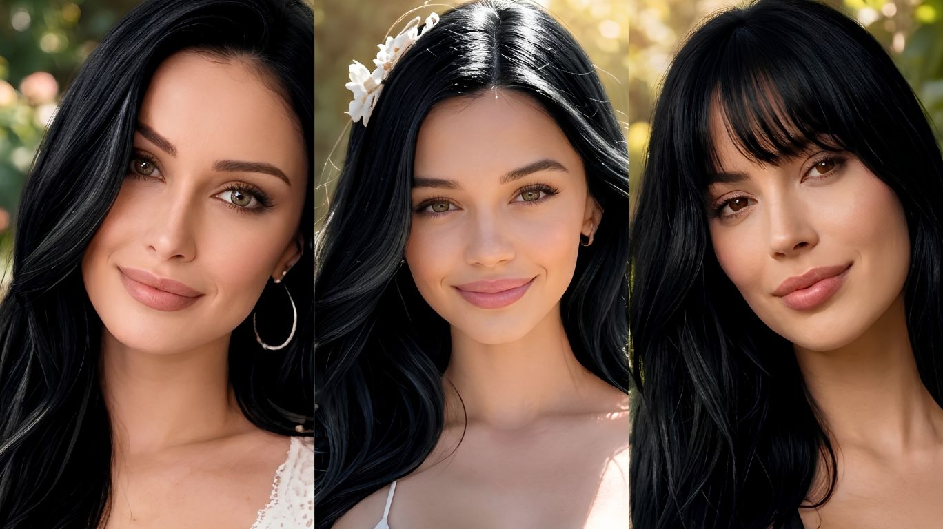 A triptych of portraits of individuals with dark hair, representing xxx ai, each with a slightly different hairstyle and attire, set against a blurred outdoor background.