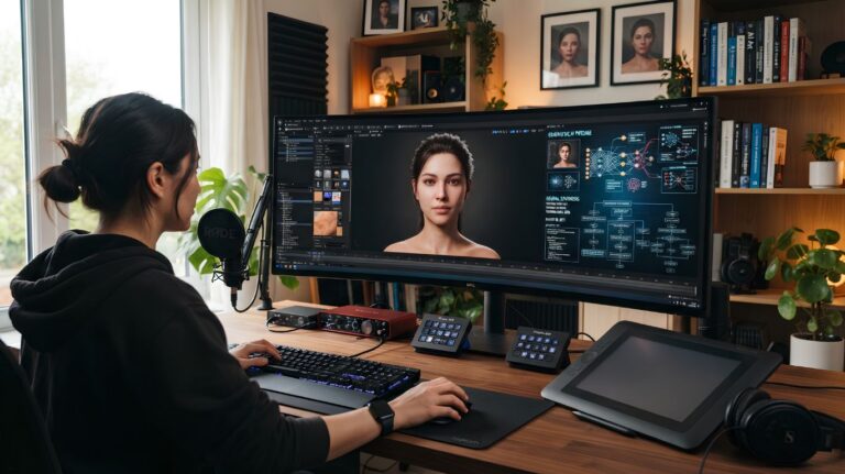 AI girl porn technology workspace featuring a designer creating a realistic AI-generated female avatar on a large monitor, with digital modeling tools, neural network diagrams, and artificial intelligence content generation software.