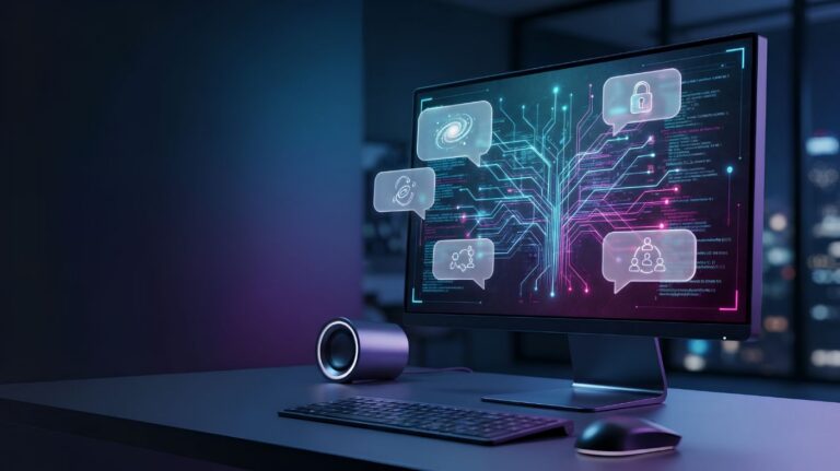 AI Porn Chat Free concept showing a realistic AI chatbot interface with futuristic virtual conversation technology, privacy features, and digital communication in a modern cyber-themed environment.