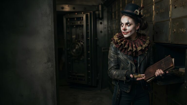 Chuckles the Clown standing inside a dimly lit vault while holding an old book and gold coins, featuring eerie clown makeup and a dark horror-inspired setting.