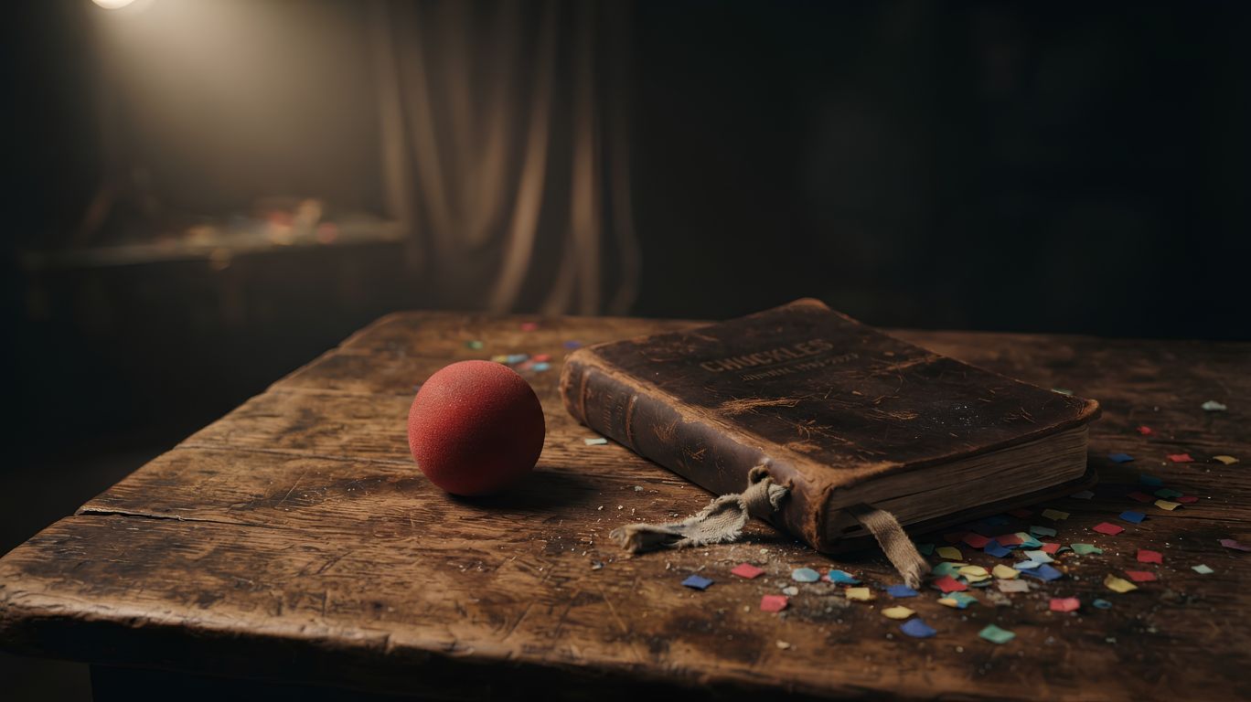 Chuckles the Clown vintage book and iconic red clown nose resting on a rustic wooden table, creating a mysterious carnival-inspired atmosphere for a horror roleplay story.