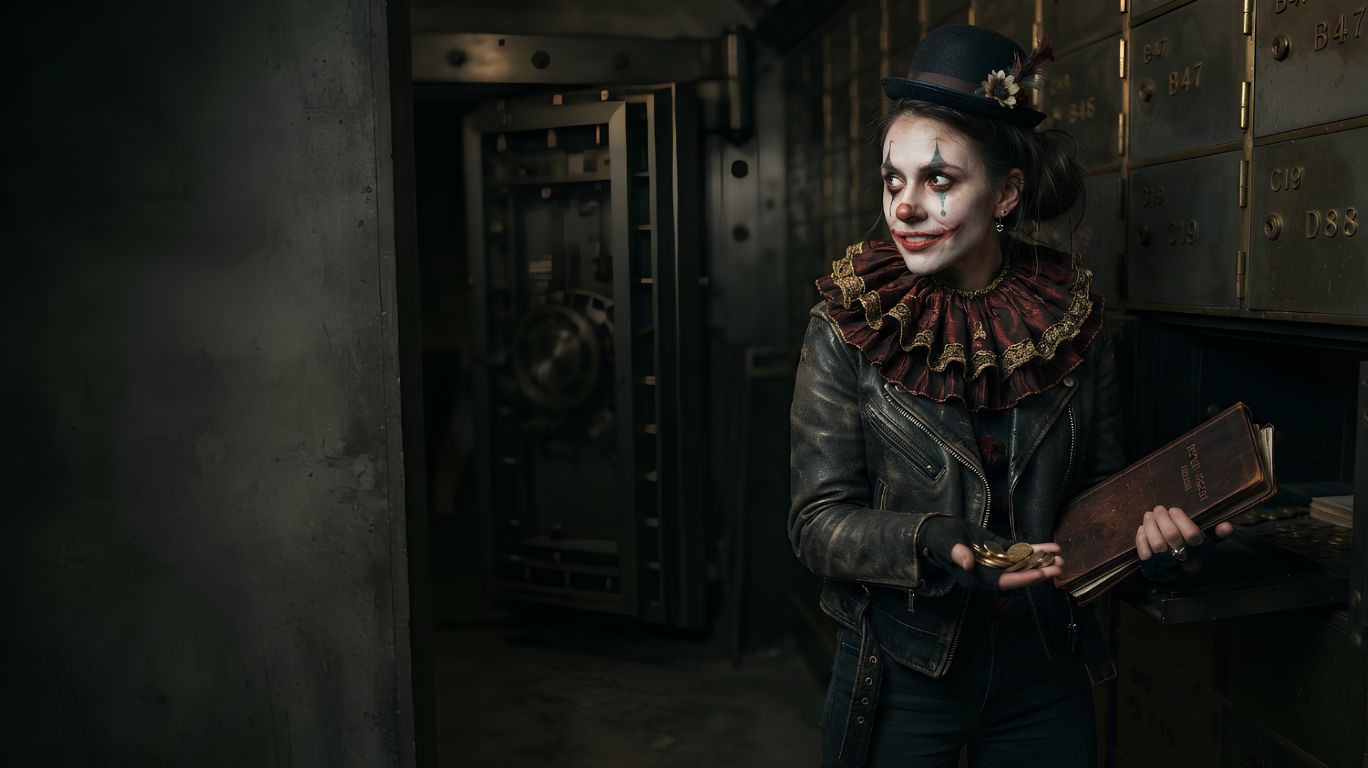 Chuckles the Clown standing inside a dimly lit vault while holding an old book and gold coins, featuring eerie clown makeup and a dark horror-inspired setting.