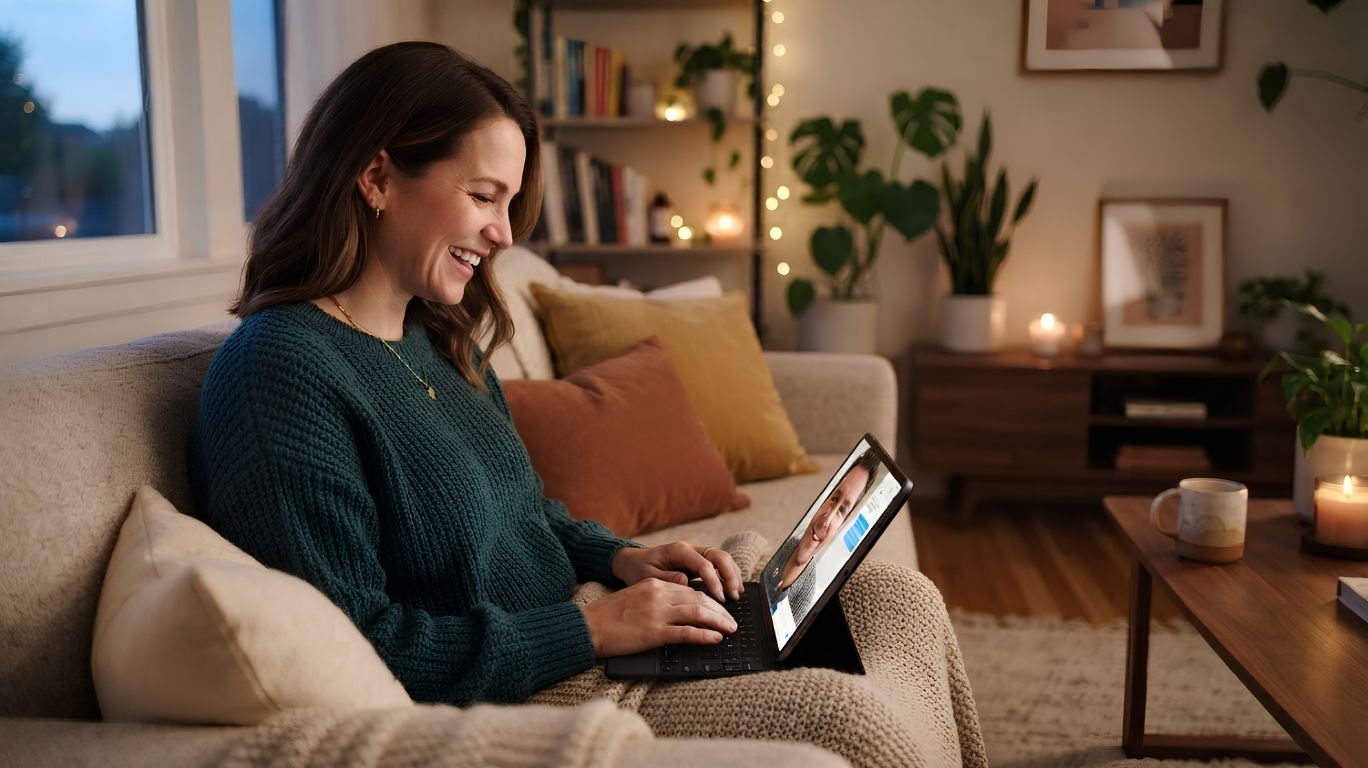 Naked chat platform displayed on a laptop as a person enjoys an online video conversation from a cozy living room with a modern home setup.