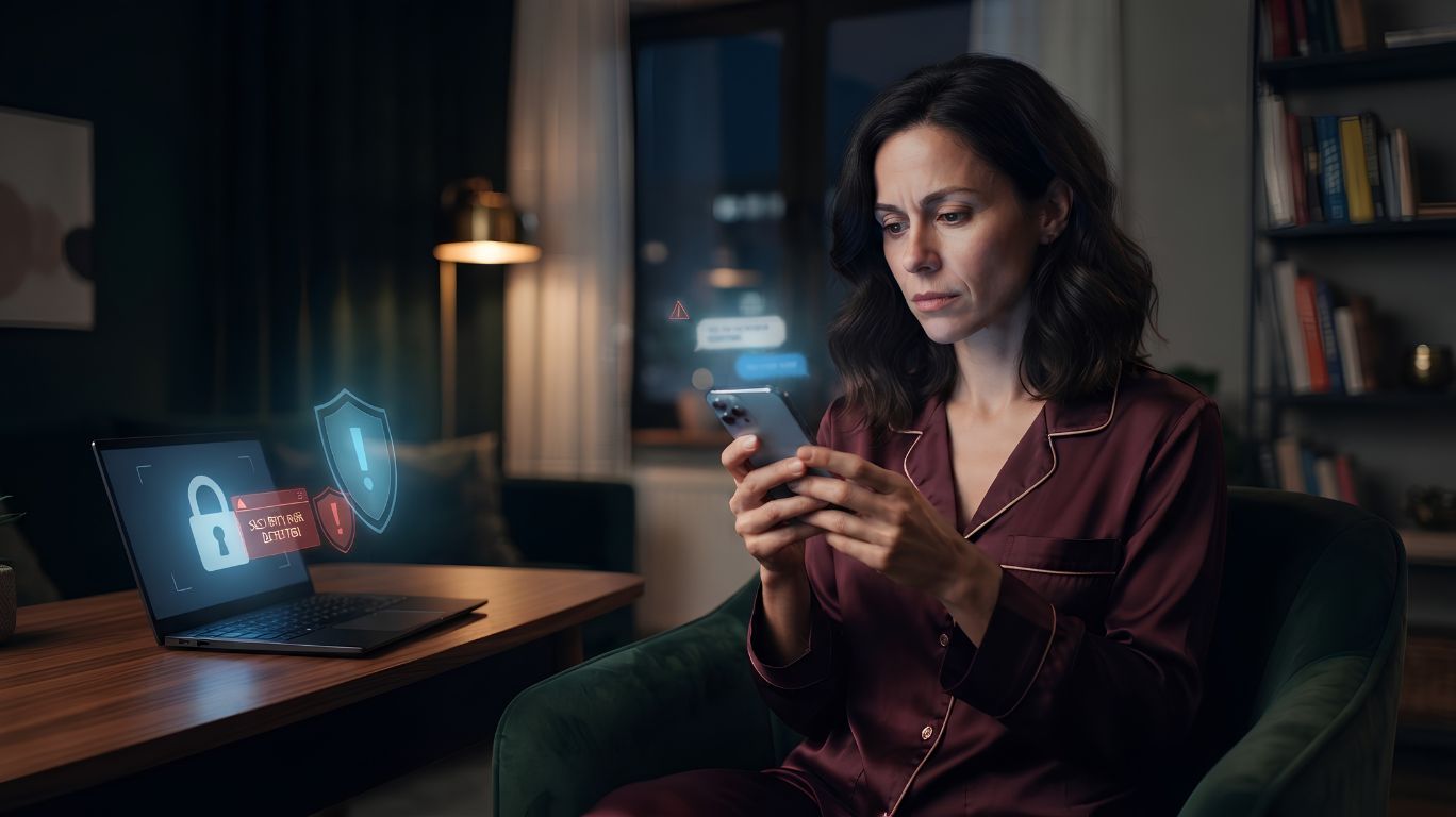 Realistic illustration of the risks and limitations of erotic chat, showing an adult reflecting on online privacy, digital safety, and emotional boundaries while using a smartphone.