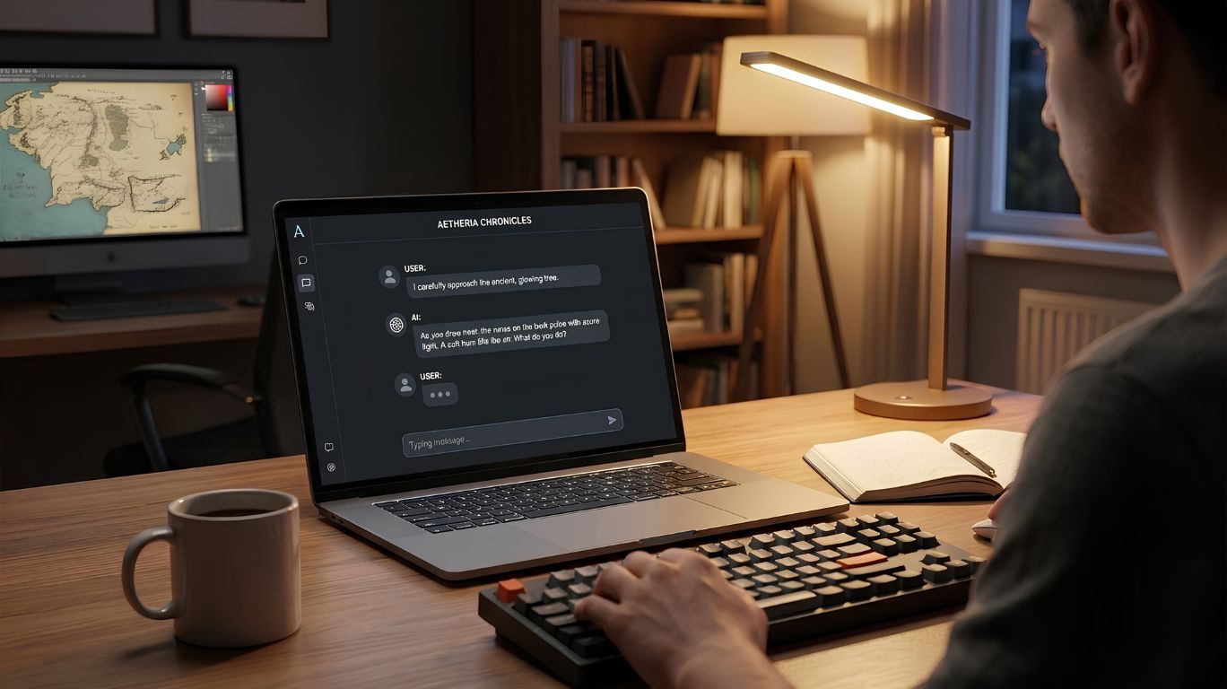 Roleplay AI chat bot free displayed on a realistic laptop interface with immersive AI character conversations in a modern workspace.