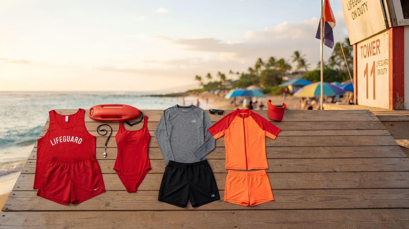 Lifeguard costume collection featuring realistic red lifeguard uniforms, swimsuits, and accessories on a beach, illustrating real brand-style options for lifeguard costumes with durable and comfortable designs.