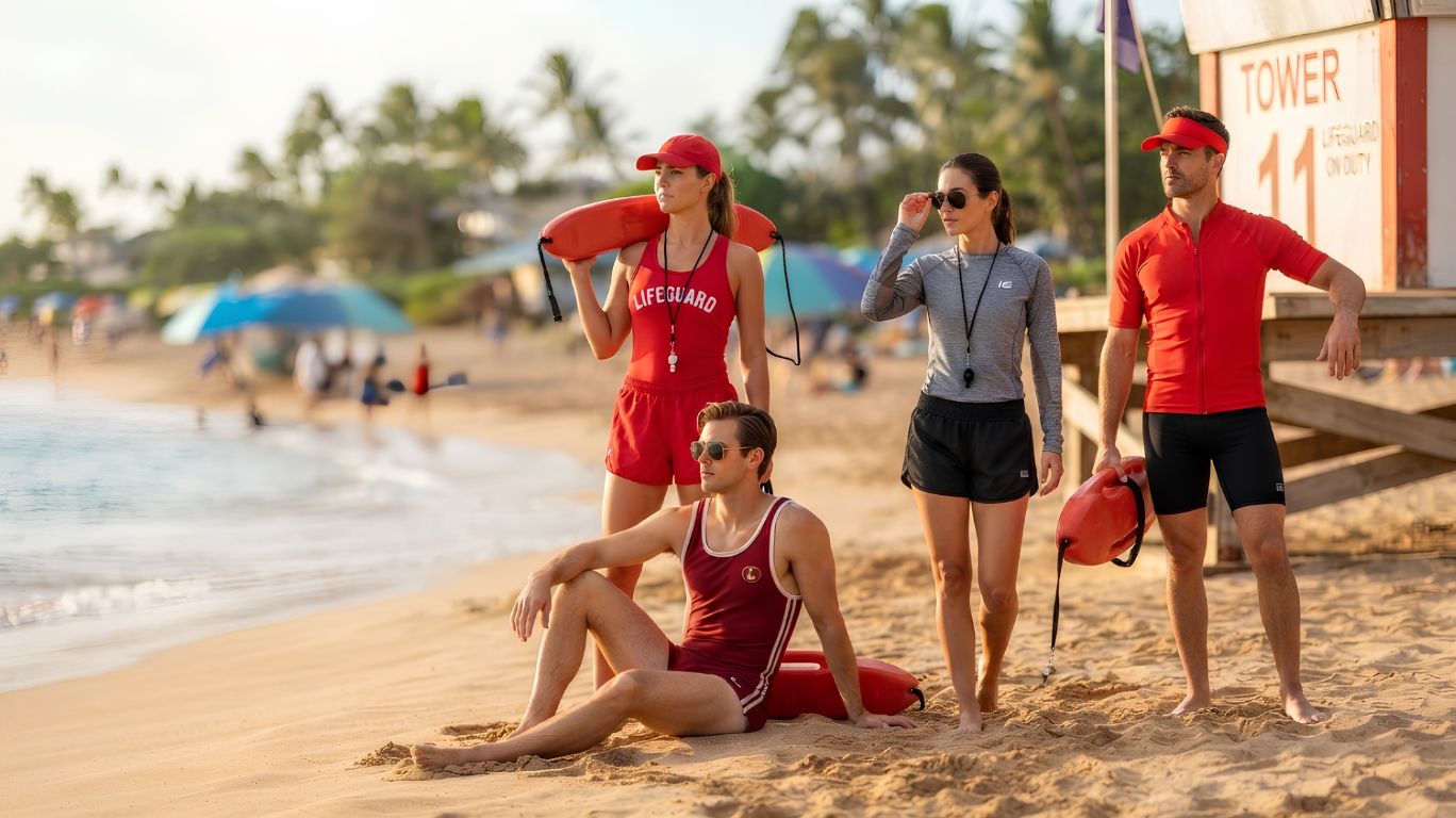 Modern lifeguard costume trends featuring realistic athletic red lifeguard uniforms, retro-inspired beachwear, and classic rescue accessories on a sunny beach, showcasing comfort and nostalgic pop culture style.