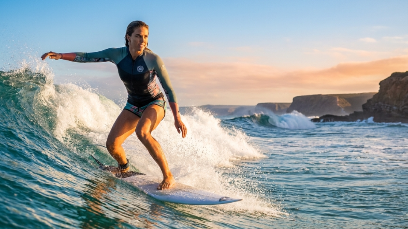 Anastasia Ashley surfing a powerful ocean wave during golden hour, highlighting her influence as a professional surfer, athlete, social media personality, and modern sports influencer.