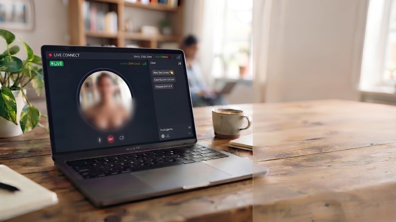 Naked chat live communication interface displayed on a laptop with a blurred video profile in a bright home office environment.