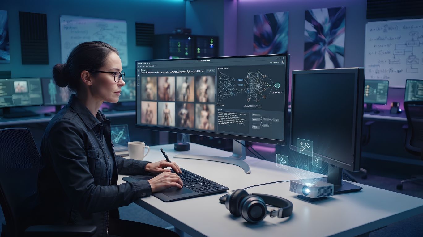 Porn gen concept showing a person using an AI-powered image generation platform on a computer, illustrating why people use AI content generation technology in a realistic modern workspace without explicit imagery.