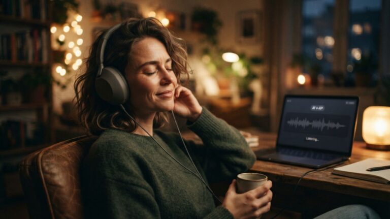 AI voice porn audio experience represented by a woman listening to AI-generated voice content