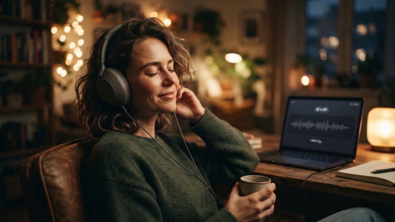 AI voice porn audio experience represented by a woman listening to AI-generated voice content