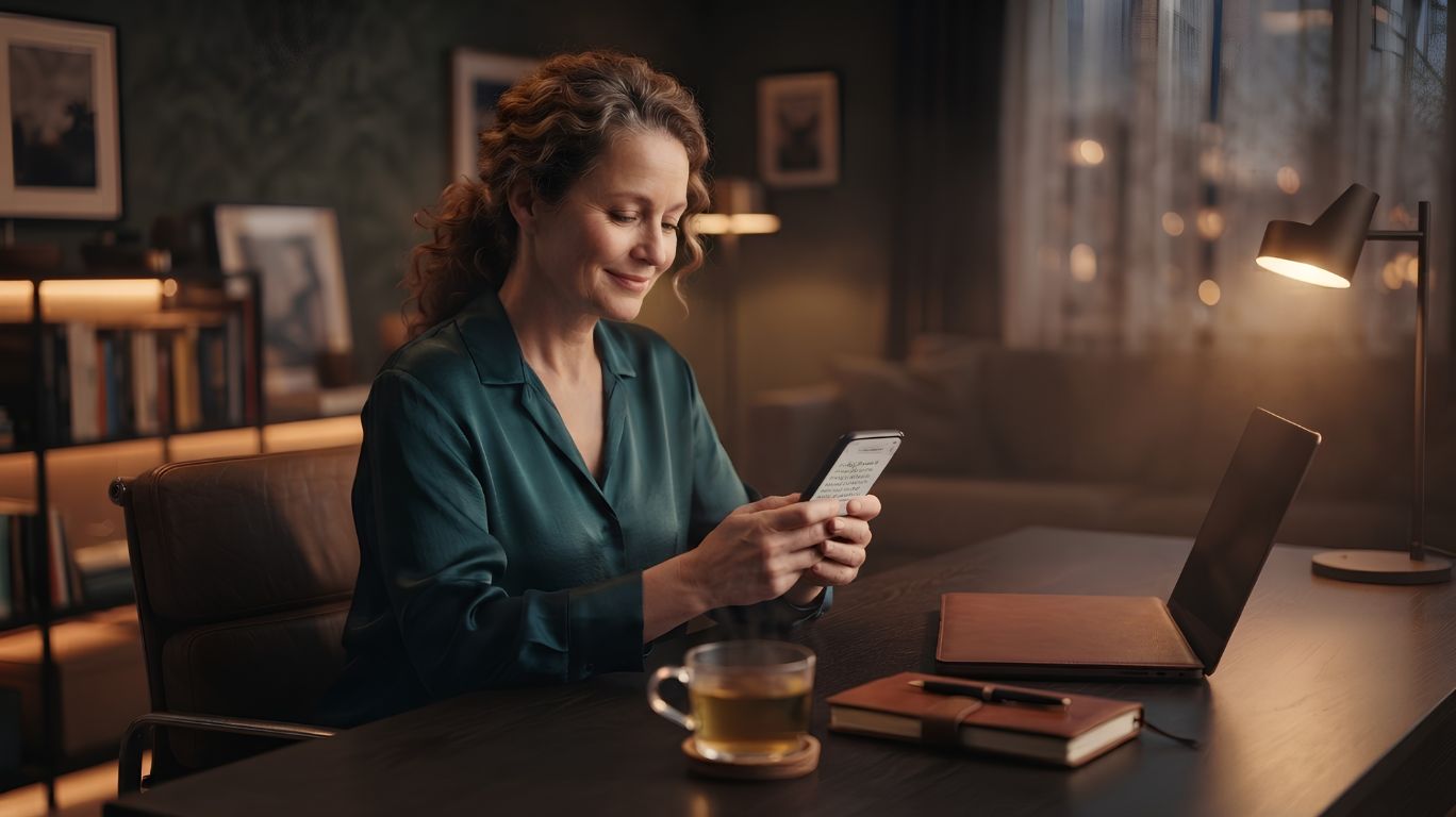 Realistic lifestyle image of an adult using erotic chat on a smartphone in a private home, representing safe digital intimacy, emotional connection, and self-expression in an online environment.
