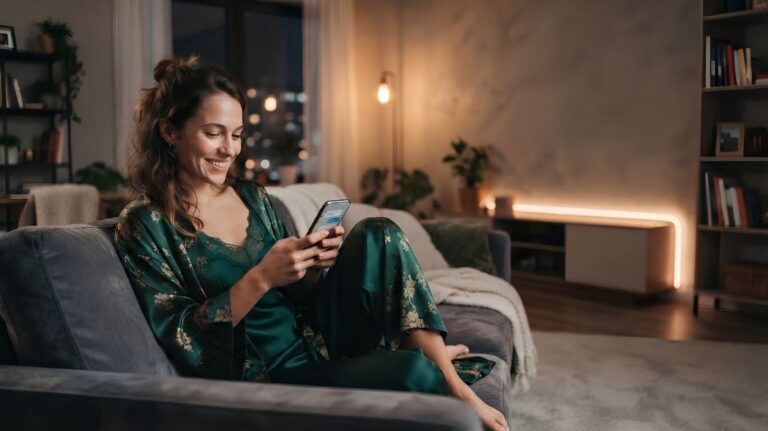 Erotic chat on a smartphone in a cozy home setting, illustrating safe and private online intimacy between consenting adults in a realistic lifestyle scene.