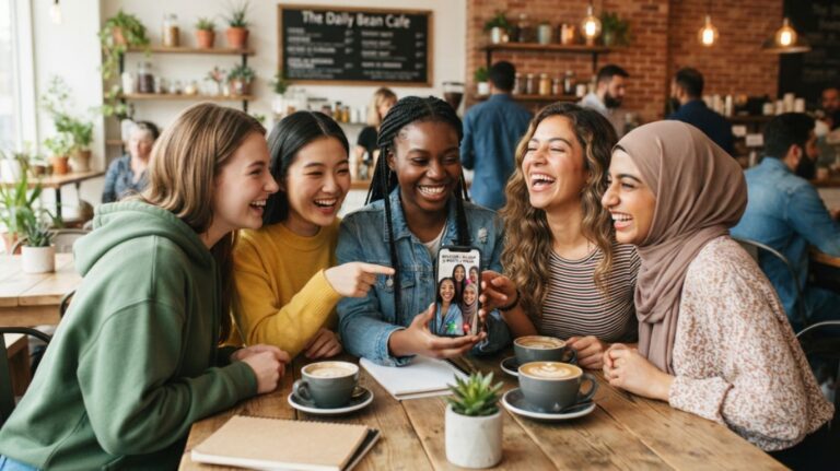 Girls chat with friends at a cozy cafe while sharing a phone and enjoying a friendly conversation
