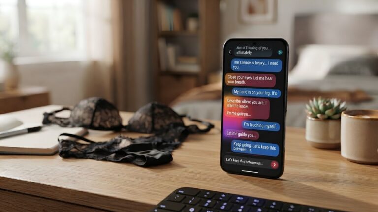 Horny chat application displayed on a smartphone with AI-generated romantic messages, representing adult chat services, virtual companionship, privacy considerations, and digital communication technology.