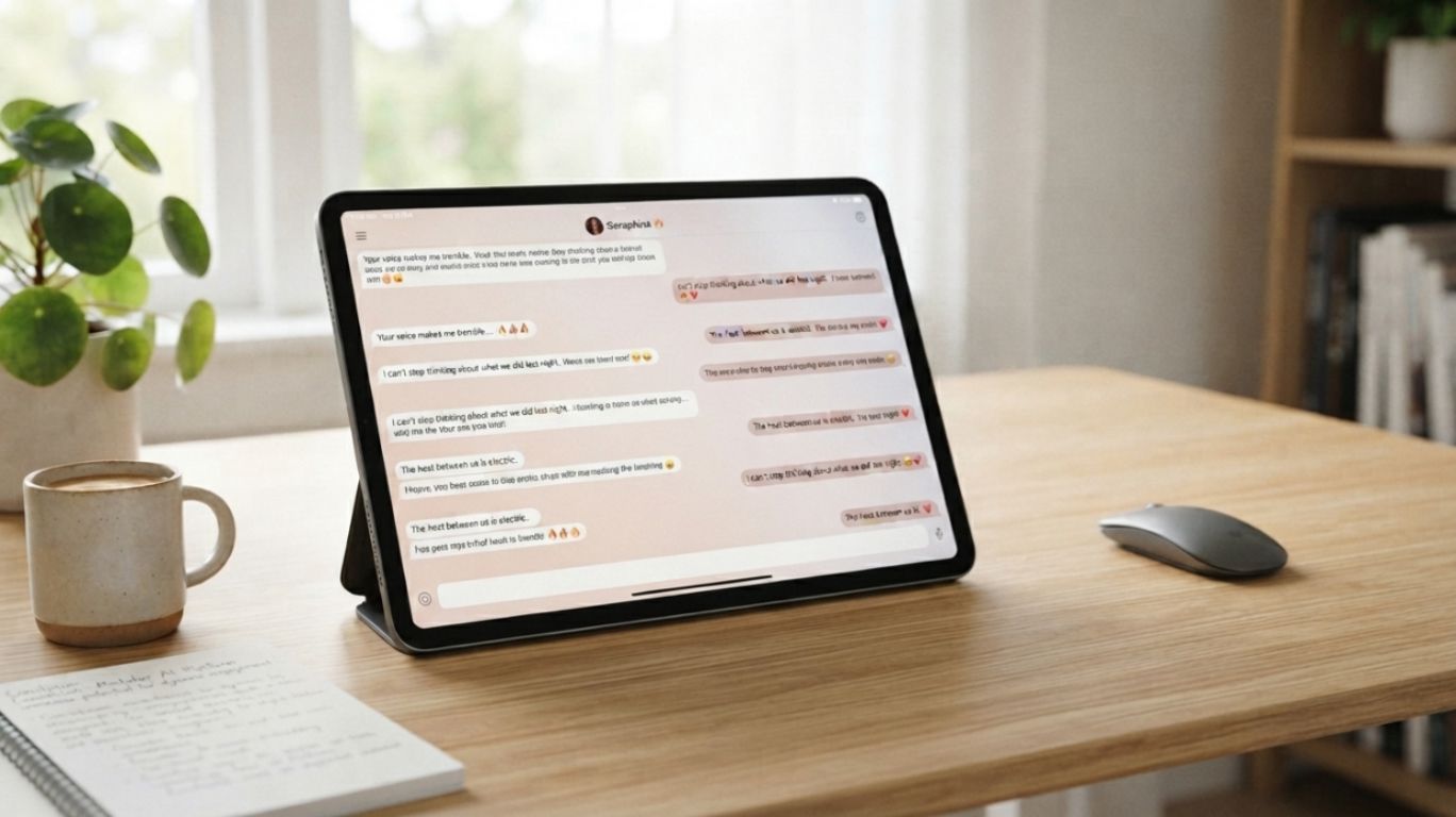 Horny chat interface shown on a tablet screen featuring AI-generated conversations and virtual companion messaging, illustrating the growing popularity of interactive adult chat technology.