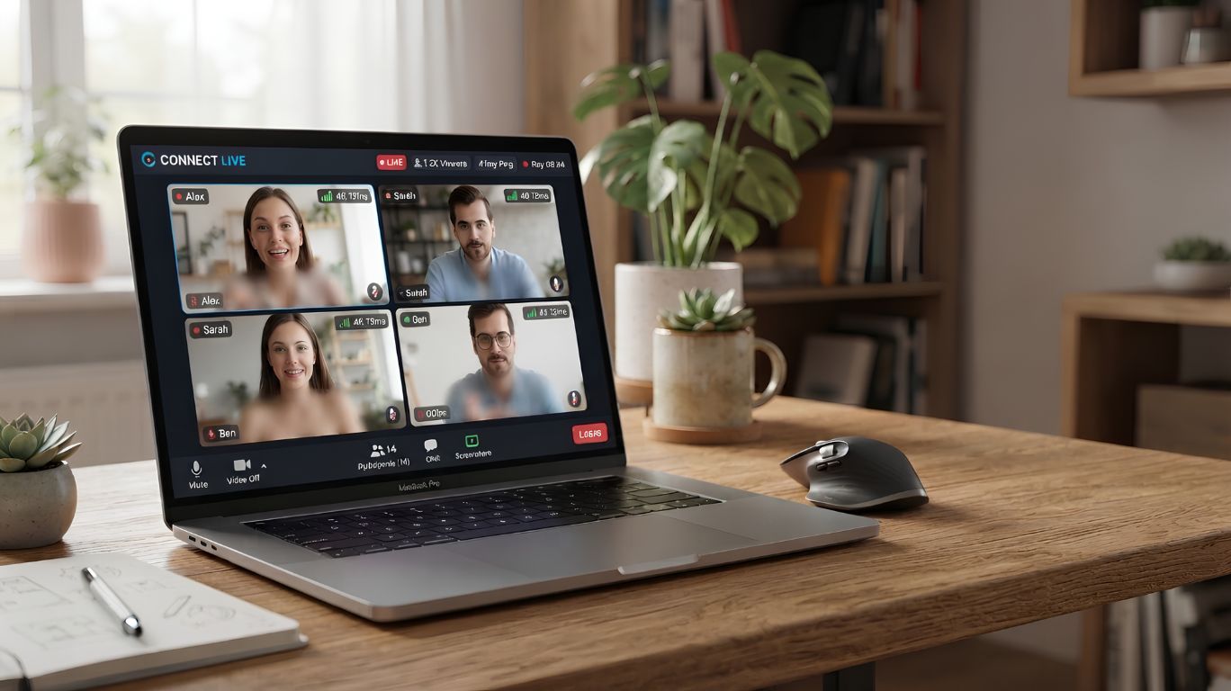 Naked chat video platform interface shown on a laptop featuring multiple live participants in a modern home office workspace.