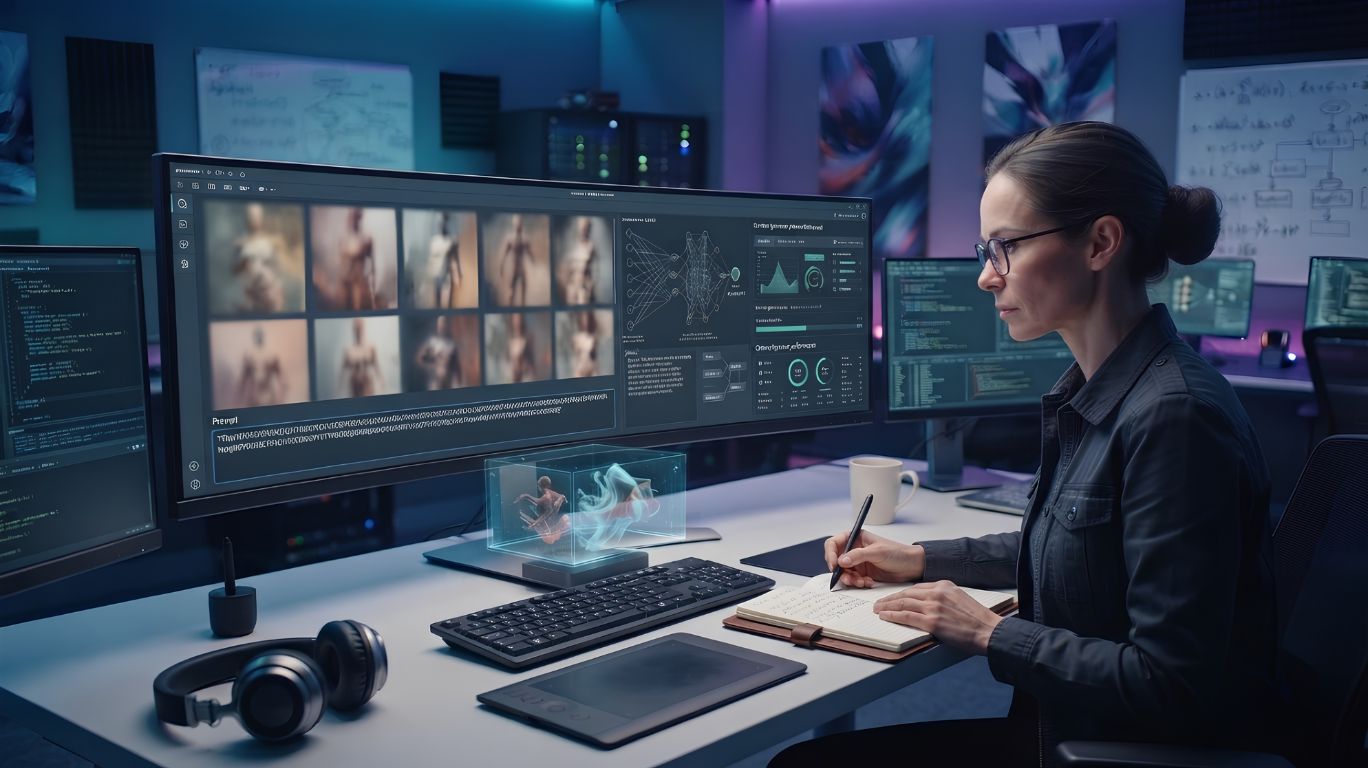 Porn gen concept image showing a realistic AI-powered content creation workspace with generative AI technology, illustrating the future of AI image generation in a professional, technology-focused environment without explicit imagery.
