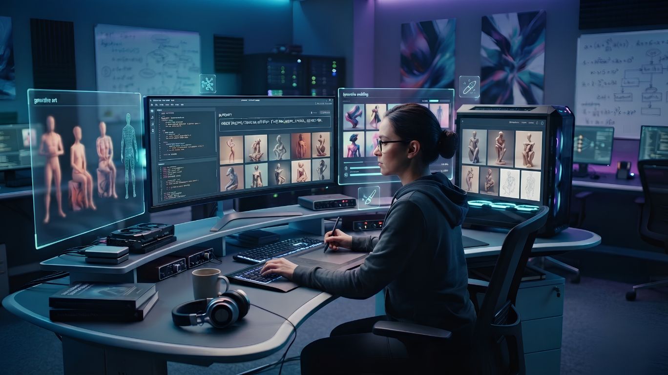 Porn gen concept showing a realistic AI-powered image generation workstation with neural networks, digital art creation tools, and futuristic technology illustrating how AI porn generators work.