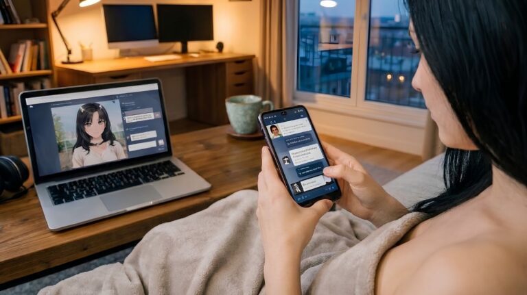 A person using a smartphone with a roleplay ai chat bot free chat interface, while a laptop displays an anime character with a chat interface in a room with bookshelves and a desk.