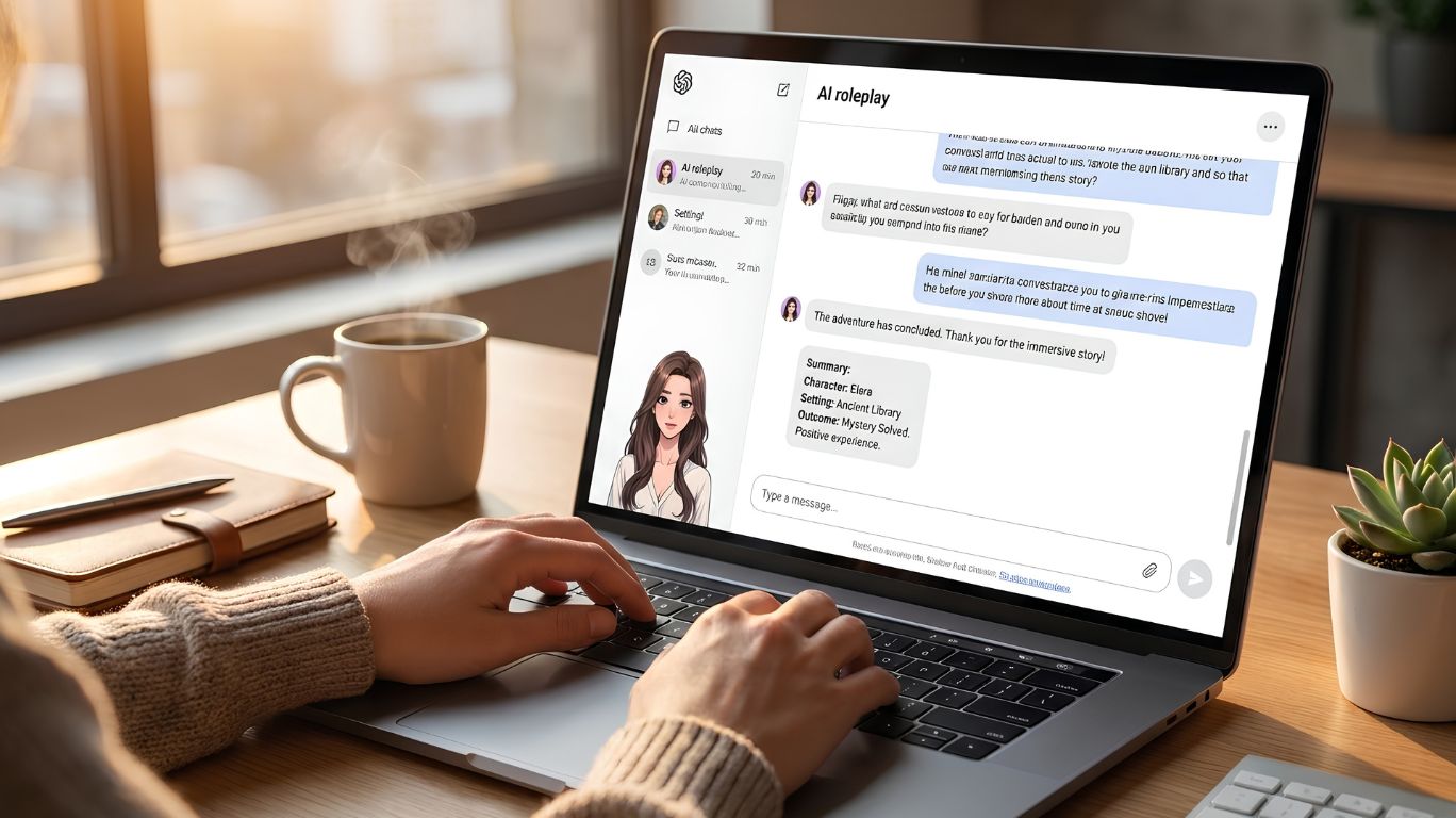 Person completing a conversation using a roleplay ai chat bot free on a realistic AI chat interface in a modern workspace, representing the conclusion of an immersive AI storytelling experience.