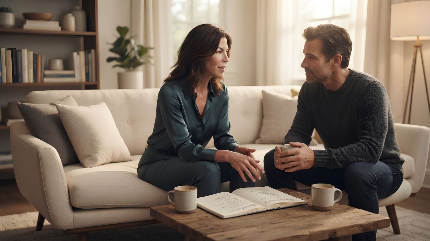 What is femdom? Two consenting adults having a respectful conversation about trust, communication, and relationship boundaries in a realistic home setting before a consensual power exchange.